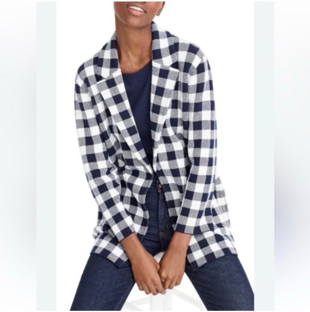 J.Crew Sweater Blazer Womens XS Navy Blue Sophie Gingham Cotton Merino Wool Open